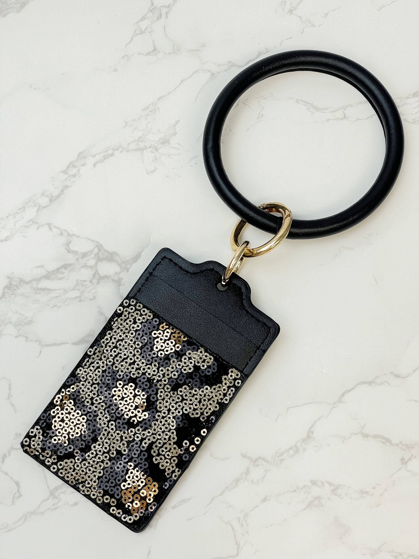 Sequin Leopard Key Ring Card Holder - Gold