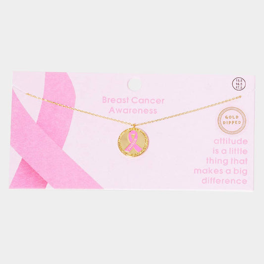 Gold Dipped Enamel Pink Ribbon Metal Disc Pendant Necklace