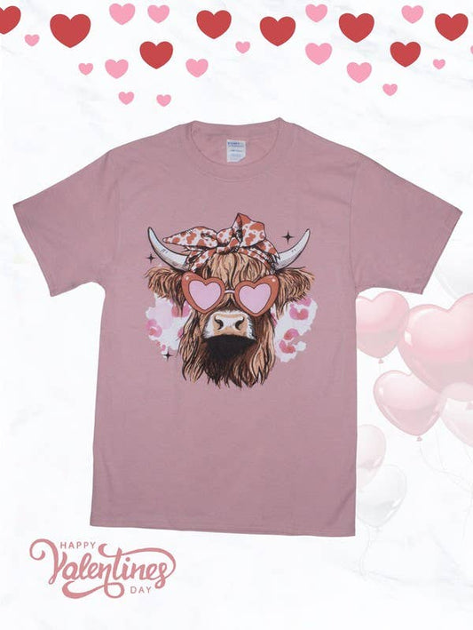 Cow with Heart Glasses & Bow Graphic T-Shirt