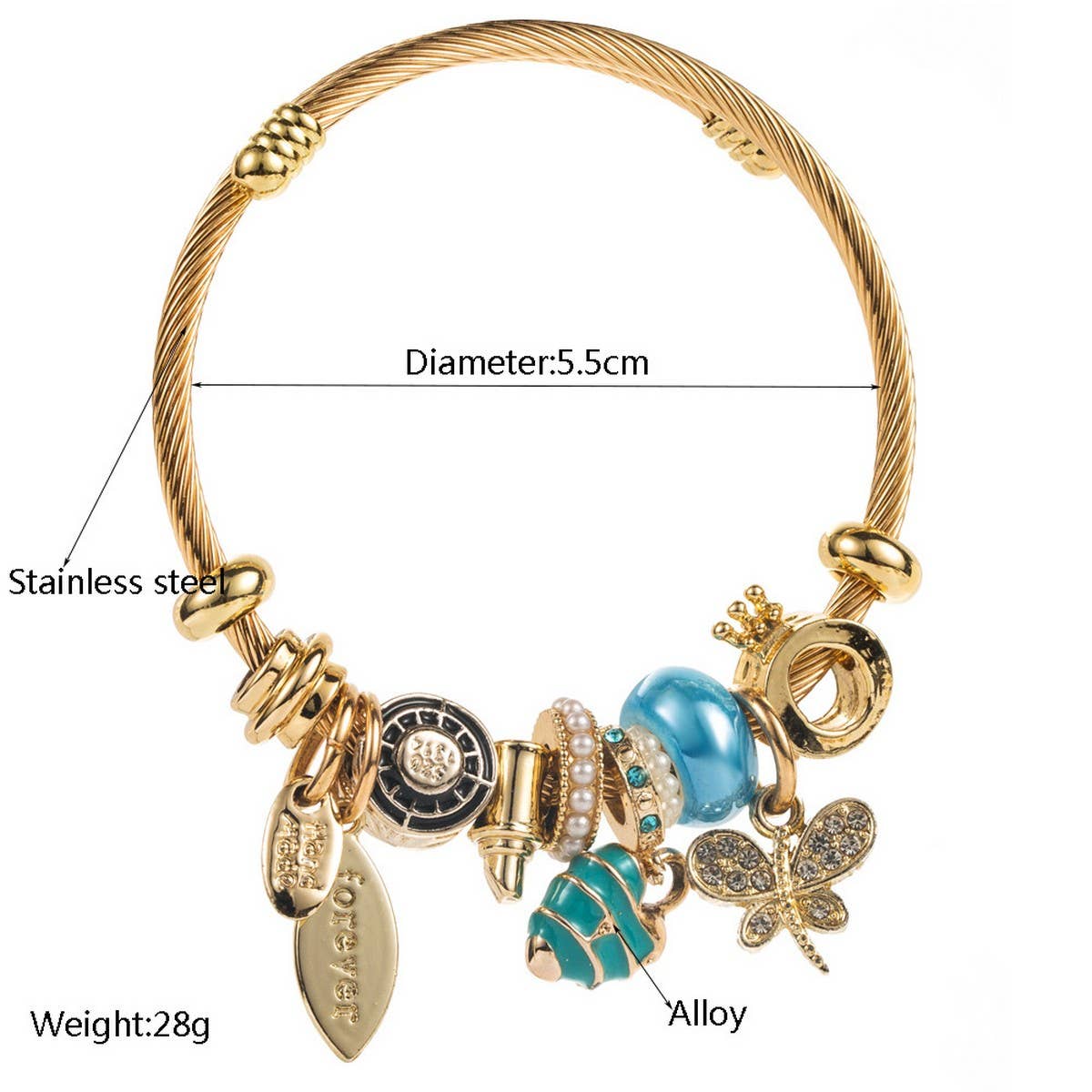 Travel Style Steel Bracelet with Rhinestone Charms_CWMM8584