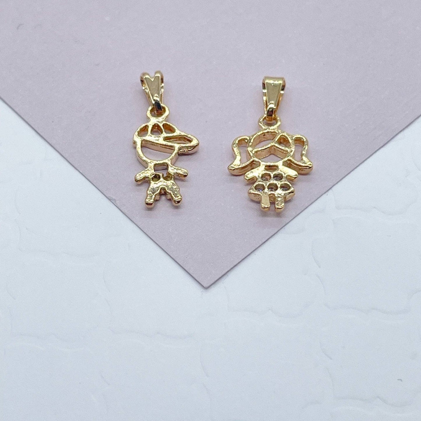 18k Gold Filled Kids Charms Boy in a Hat or Girl Featuring Cubic Zirconia For