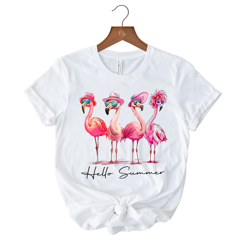 Flamingo Hello Summer T-Shirt, Retro Tee with Tropical Birds