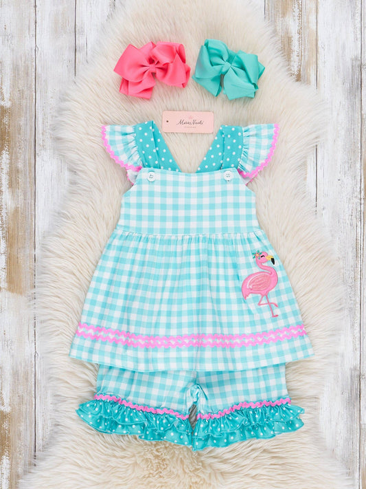 Gingham Embroidered Flamingo Party Ruffle Outfit