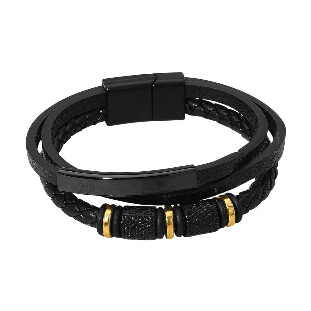 Mens Metal Accent Braided Smooth Genuine Leather Magnetic Bracelet