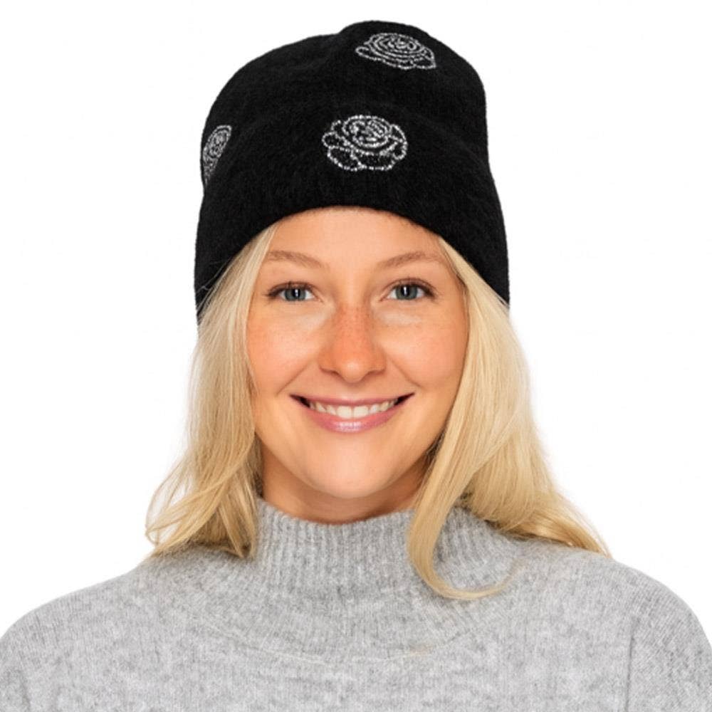 Rhinestone Rose Pattern Knit Beanie Hat AHT-91565