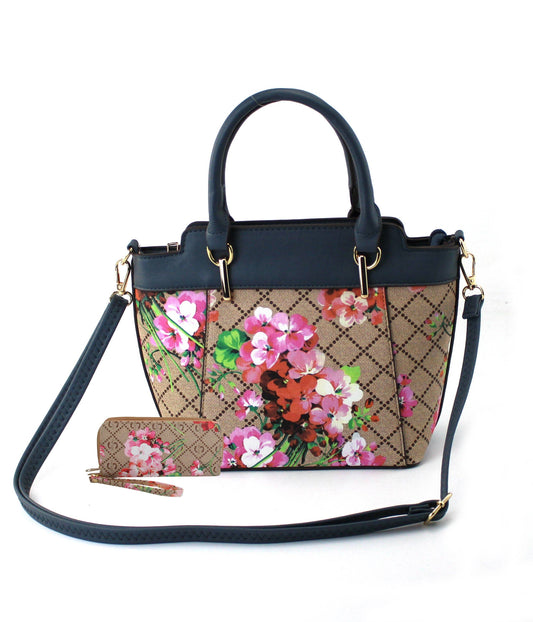 7809A - PU Floral Print Two Color 2 in 1 Tote Bag