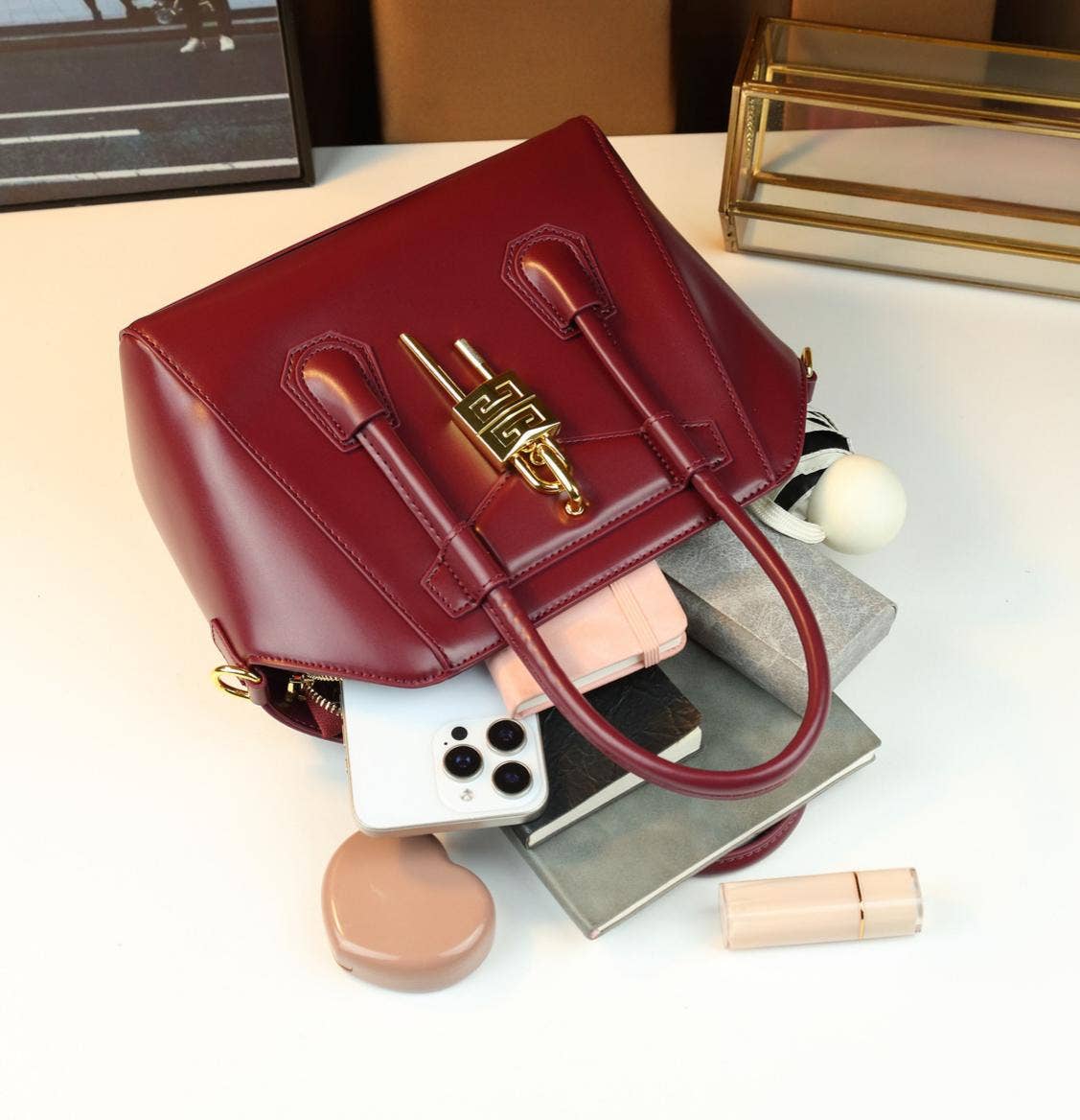 Lock Detail Cow Print Handbag Boston bag with 2 straps