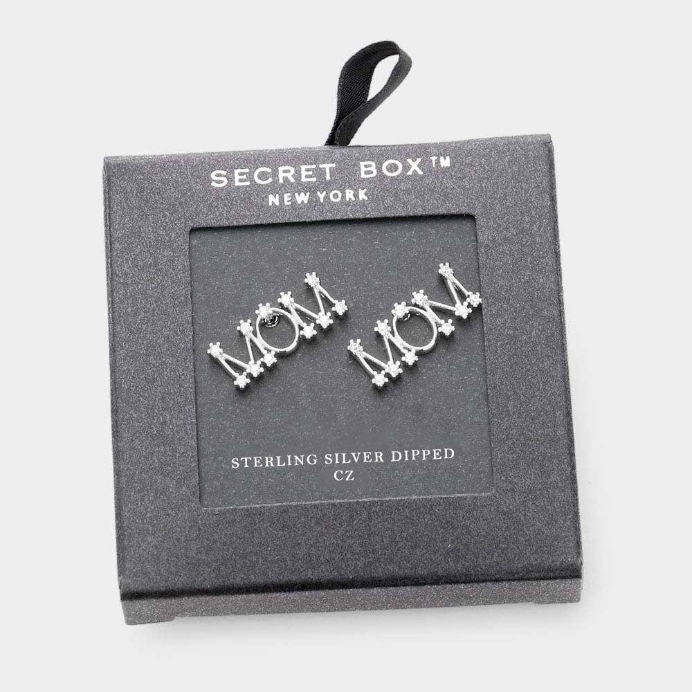 Secret Box_ Silver Dipped CZ MOM Message Stud Earrings