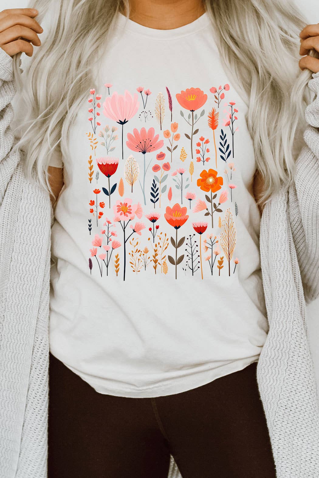 Pink Wildflower Spring Florals Flowers Grid Graphic Tee