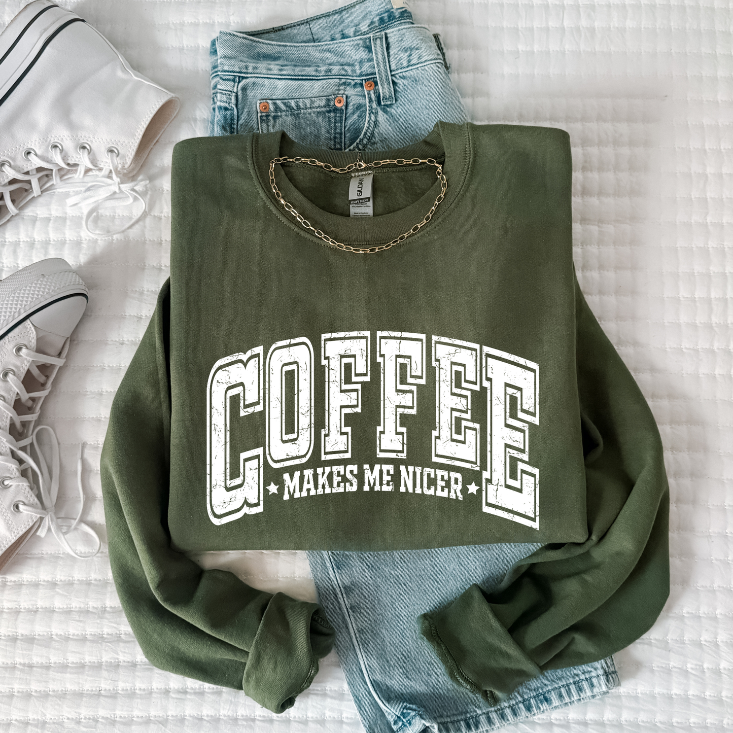 White Coffee Make Me Nicer Graphic Crewneck Sweatshirt