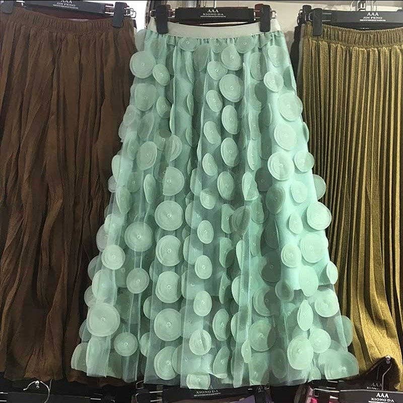 Women's High Waist Embroidered Polka Dot Midi Tulle Skirt
