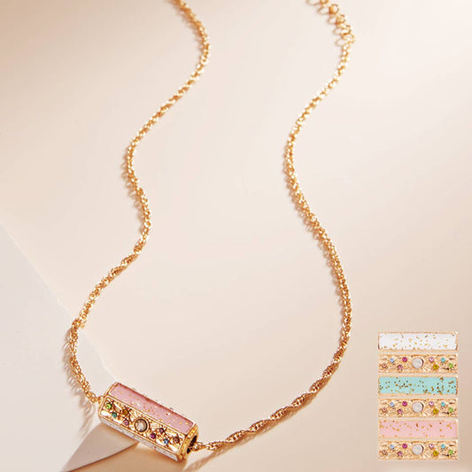Hexagonal Prism Shaped Stone and Glitter Necklace