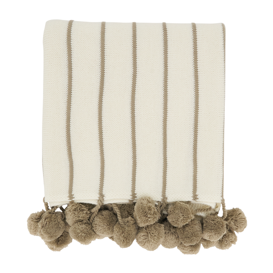 Ivory Pom pom Striped Woven 50"x60" Throw Blanket