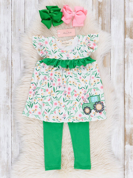 Floral Tractor Embroidered Ruffle Outfit