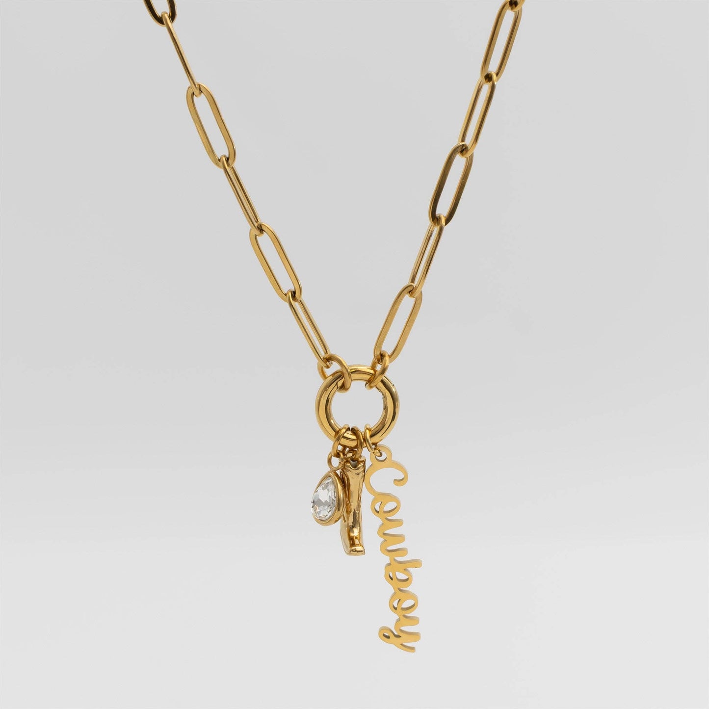 Gold Stainless Steel Cowboy Charm Holder Necklace Gift Set