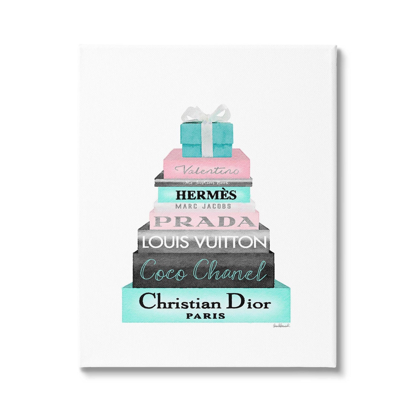 High Fashion Bookstack Pink with Blue Box and Bow Canvas