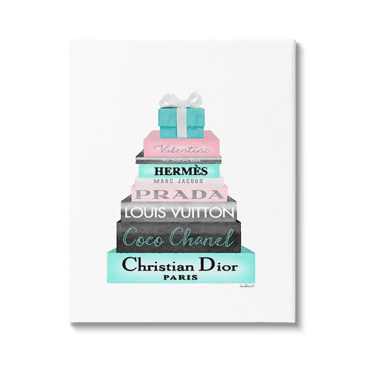 High Fashion Bookstack Pink with Blue Box and Bow Canvas