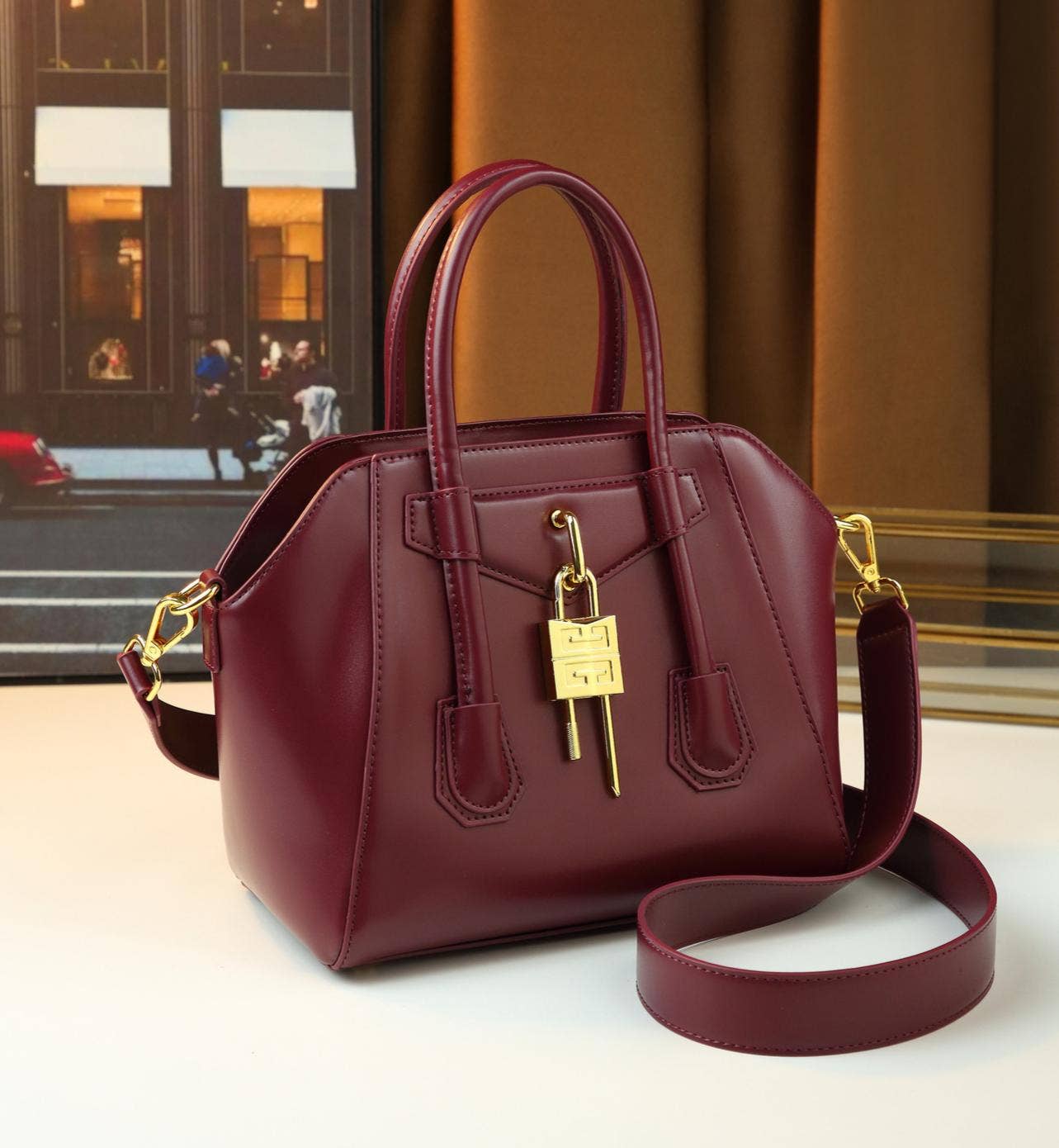 Lock Detail Cow Print Handbag Boston bag with 2 straps