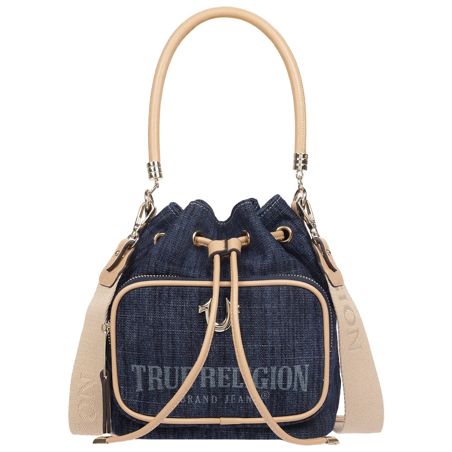True Religion Bryce Denim & PU Bucket Bag – Women’s Designer Drawstring Bucket Handbag with Crossbody Strap (Dark Denim)
