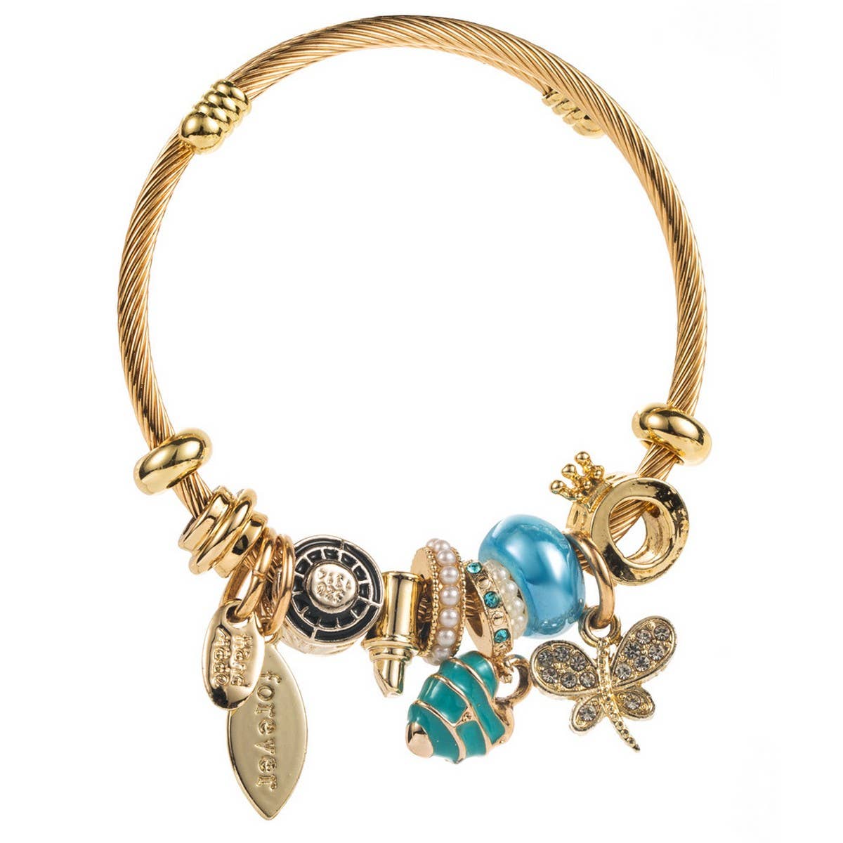 Travel Style Steel Bracelet with Rhinestone Charms_CWMM8584