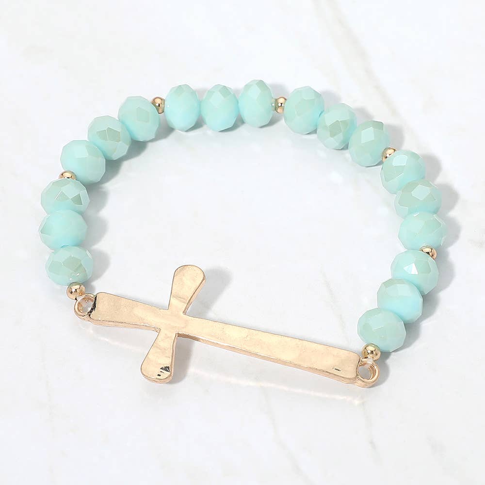 Brushed Hammered Metal Cross Accent Faceted Beaded Stretch Bracelet
