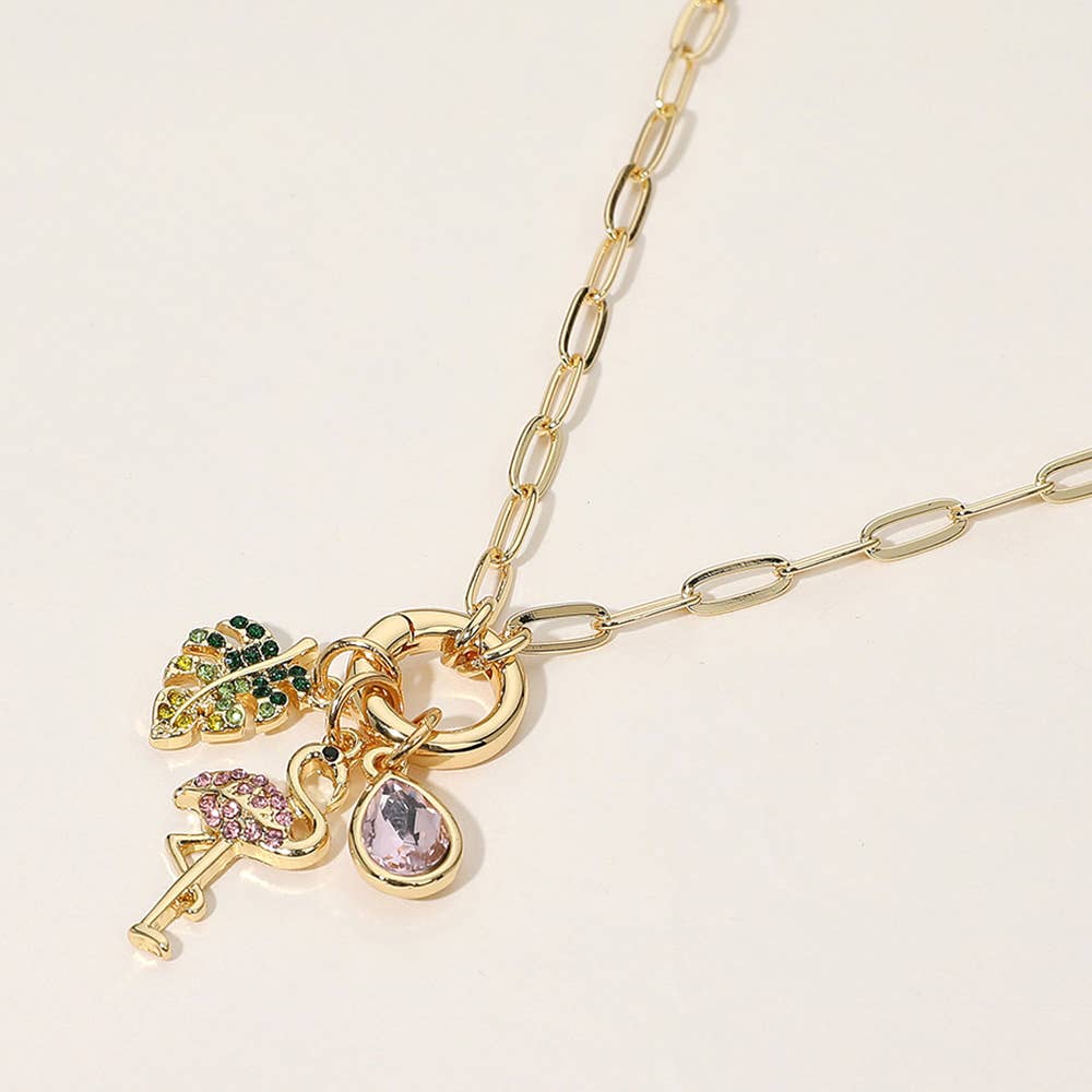 18K Gold Dipped Flamingo Tropical Leaf Pendant Necklace