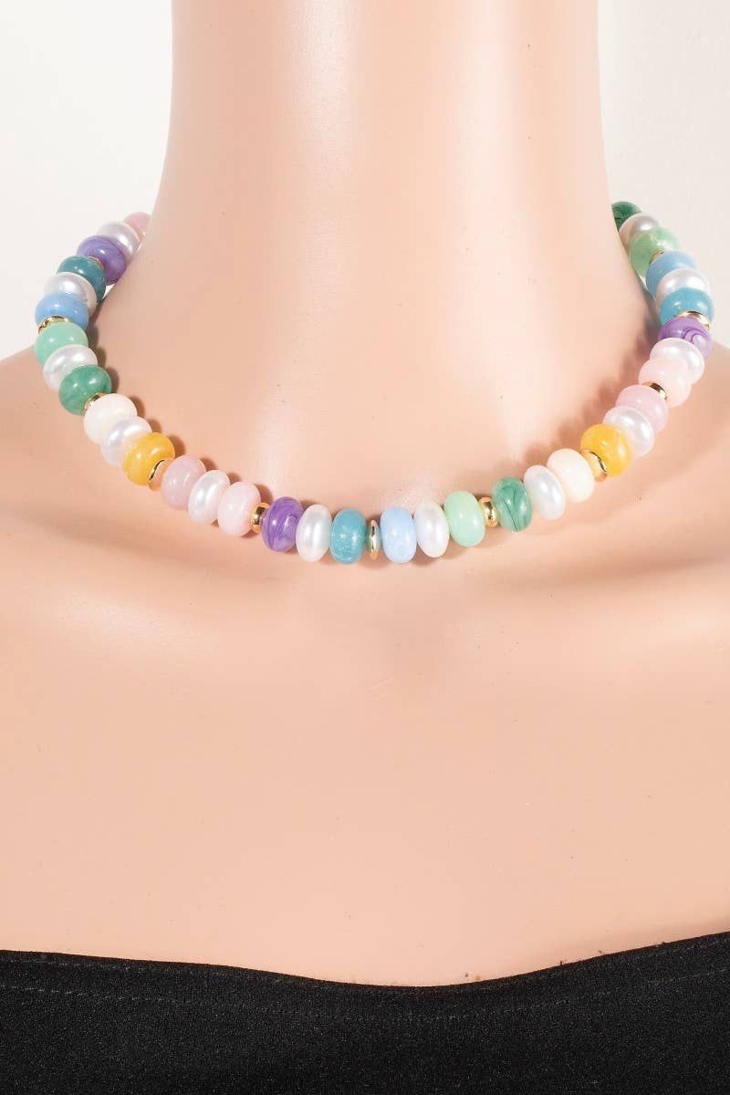 Mixed Pearl And Marble Resin Disc Beaded Necklace