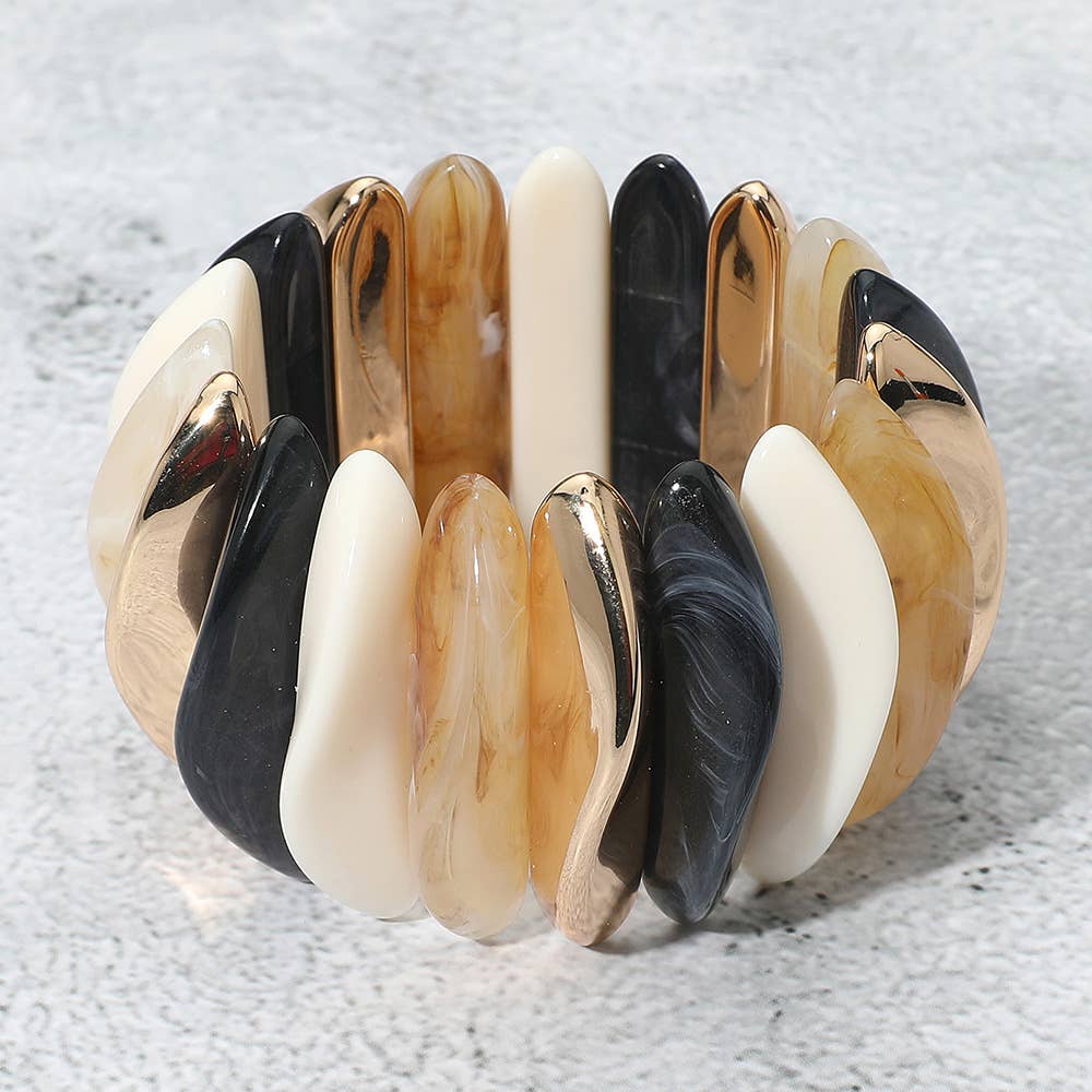 Celluloid Acetate Metal Abstract Bar Beaded Stretch Bracelet