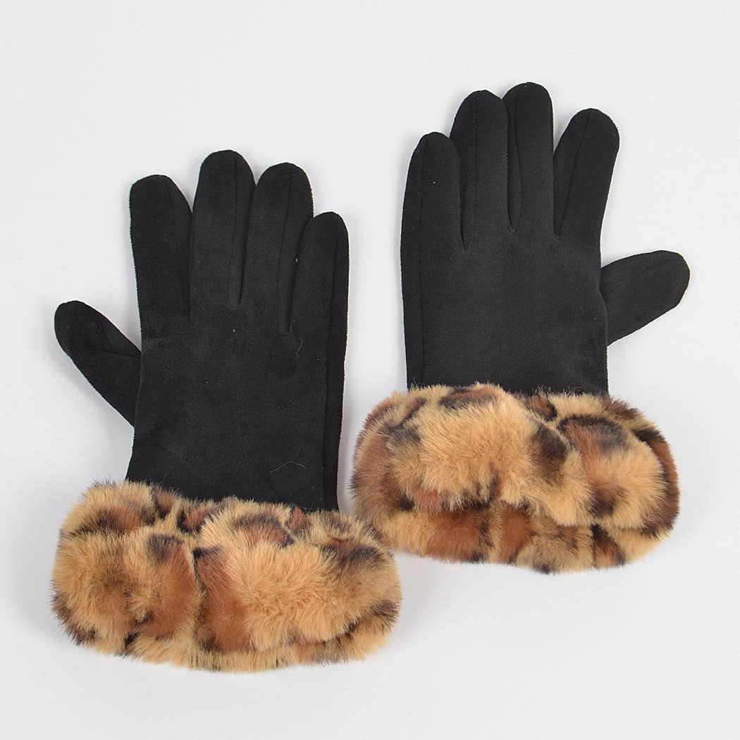 Faux Suede Gloves W faux Leo Fur
