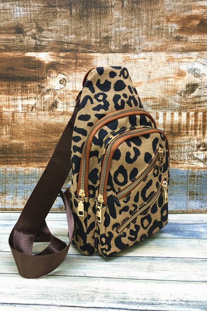LEOPARD DOUBLE ZIPPER CROSSBODY SLING BAG PURSE