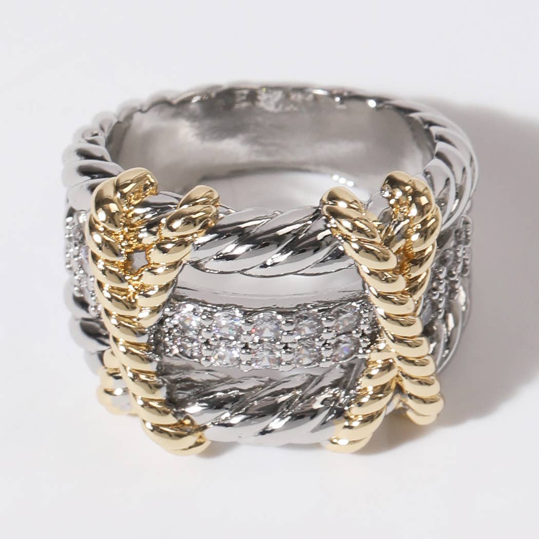 CZ Rope Texture Multi Layered Gold Plated Ring