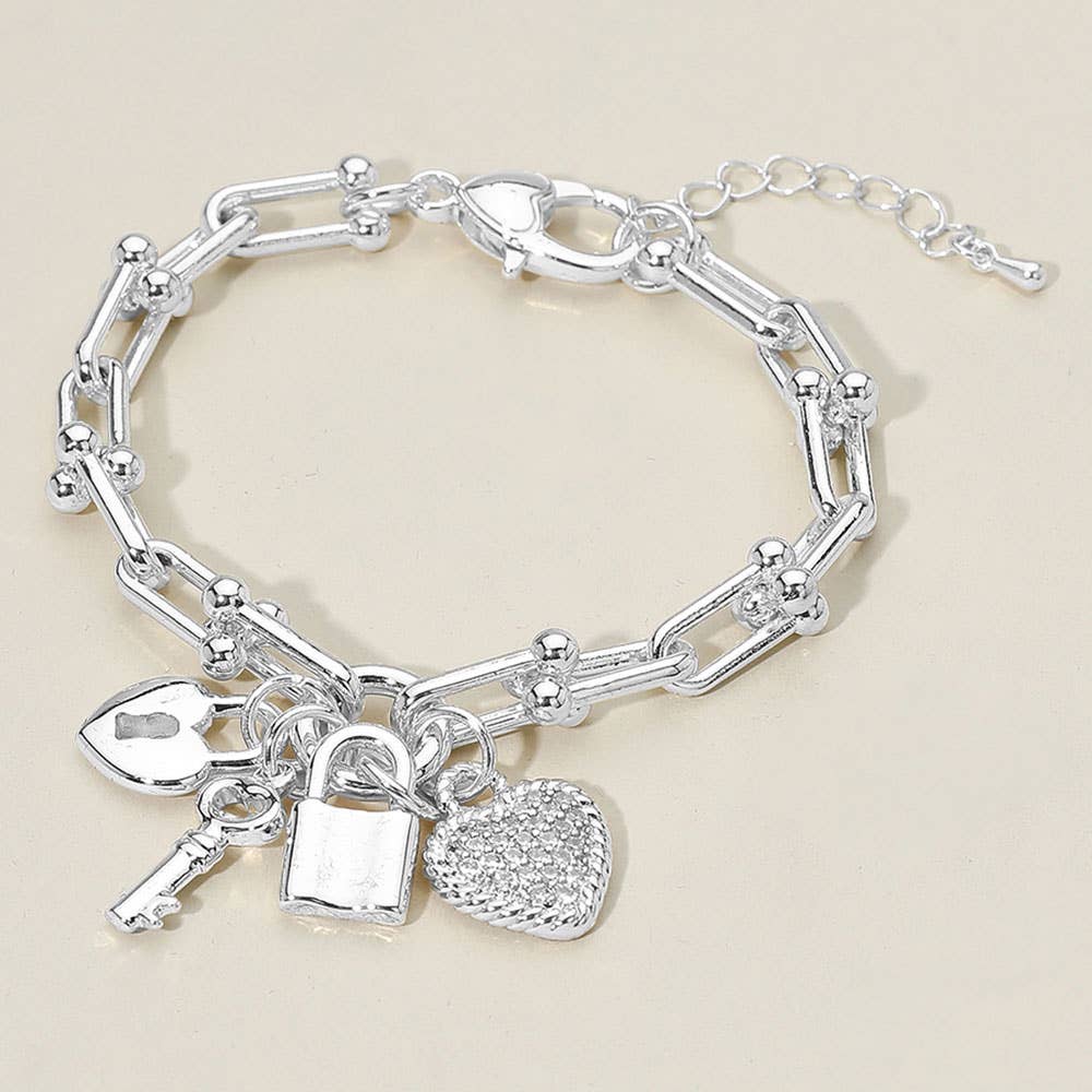 14K Gold Plated CZ Stone Paved Heart Key Lock Charm Industrial Link Chain Bracelet