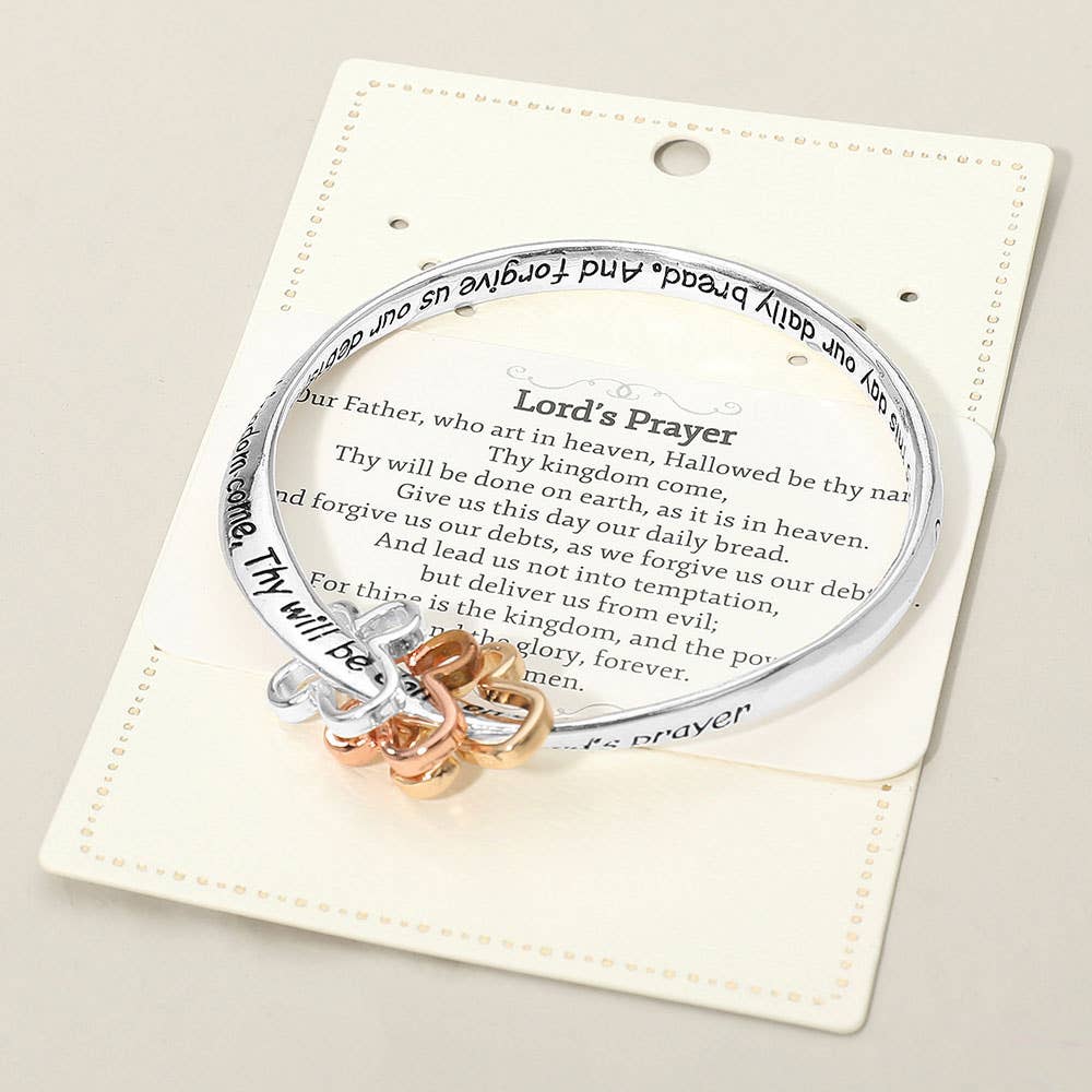 LORDS PRAYER Religious Message Engraved Triple Open Cross Charms Bangle Bracelet