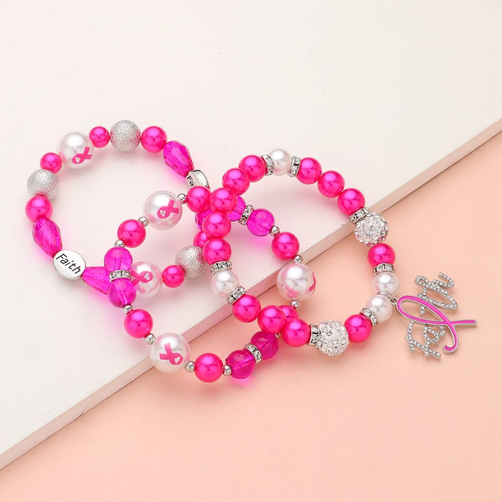 3PCS - Paved Pink Ribbon FAITH Charm Shamballa Bracelets