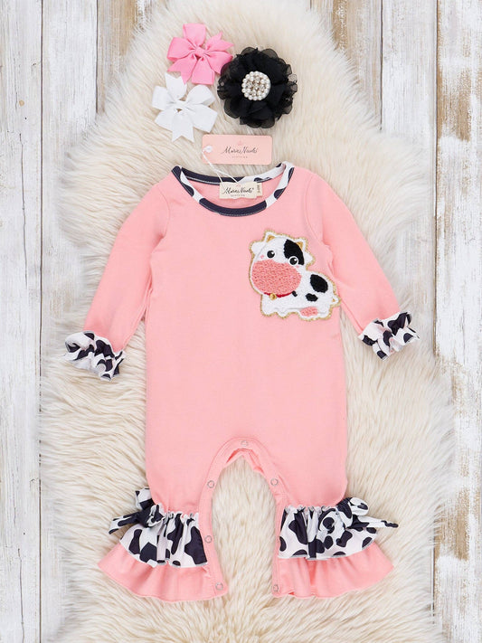 Coral Chenille Cow Ruffle Romper