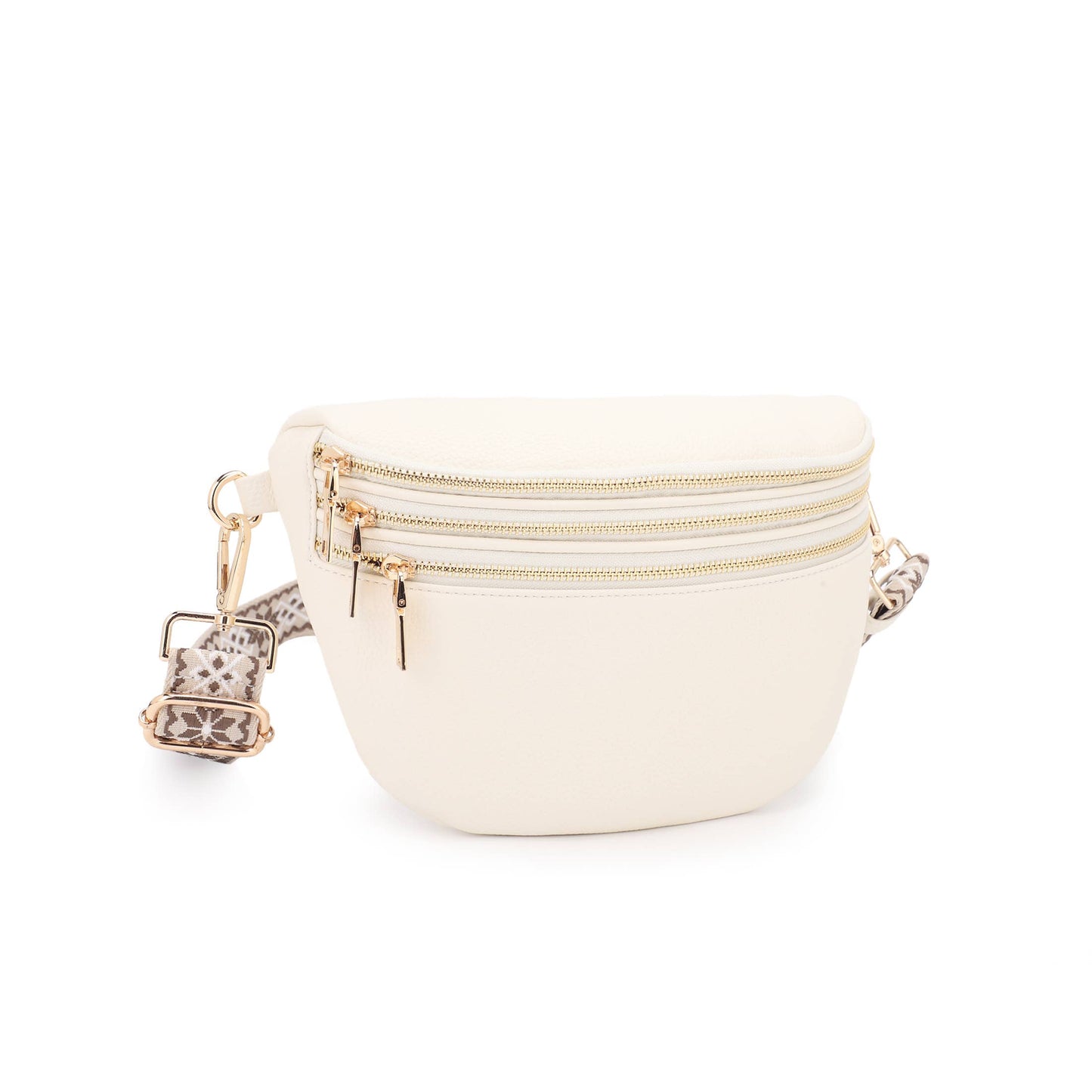 TINA TRIPLE ZIPPERED SLING BAG WITH PRINTED STRAP