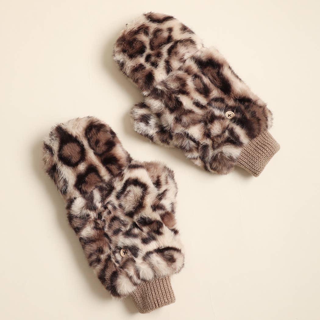 Women's Leopard Faux Fur Convertible Mitten Gloves