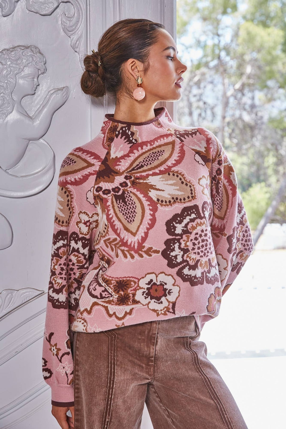 BOLD FLORAL & PAISLEY PATTERN FUNNEL NECKLINE SWEATER