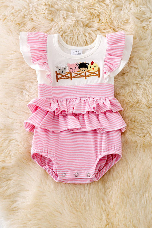 Farm animal embroidered baby onesie with ruffle. RPG50350 AMY