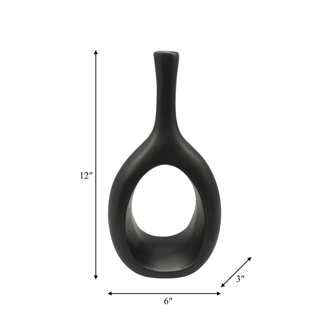 Ceramic Round Curved Open Cut-Out Vase - Black, 12 in.