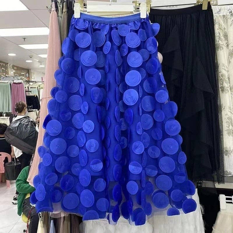 Women's High Waist Embroidered Polka Dot Midi Tulle Skirt