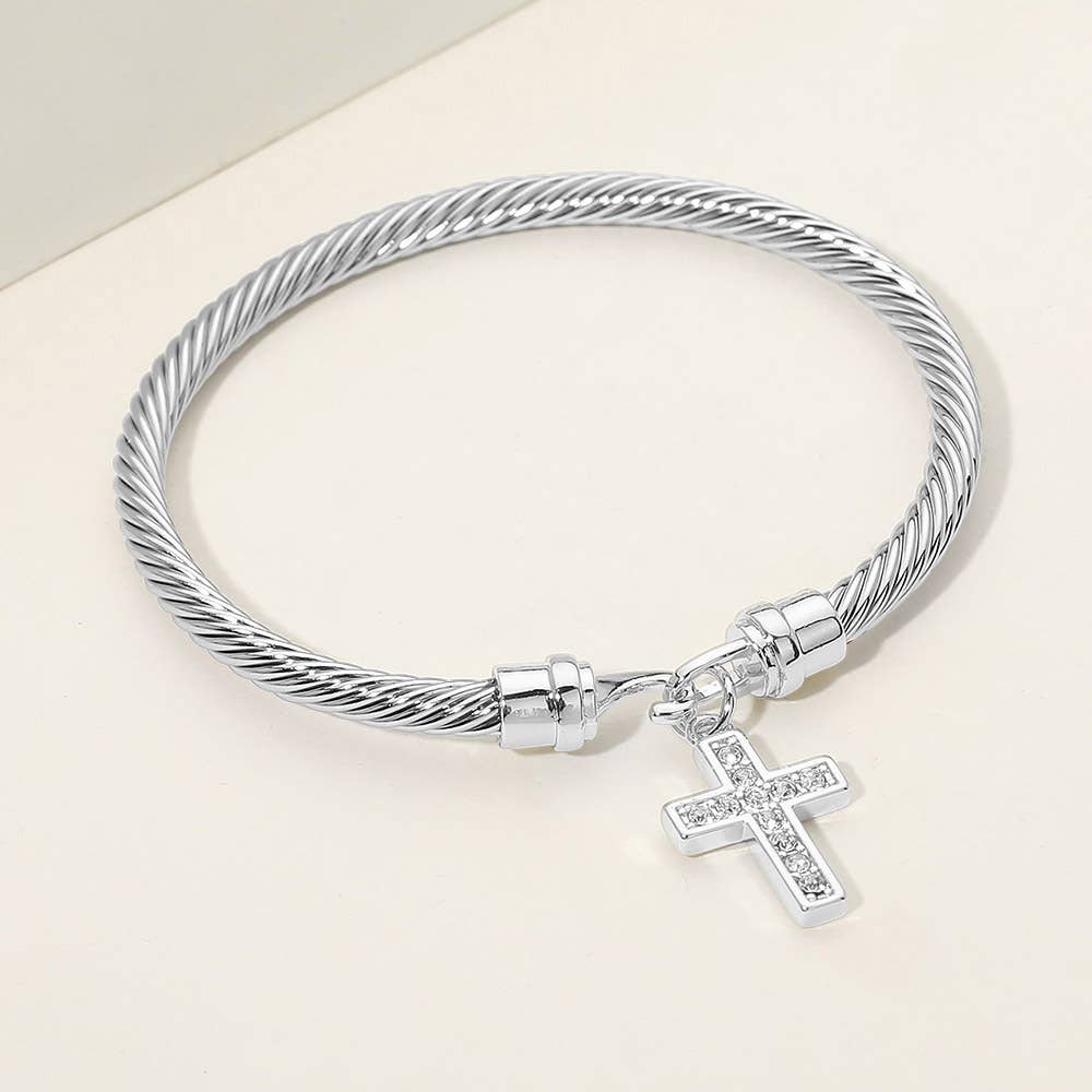 CZ Pave Cross Charm Cable Bangle Bracelet