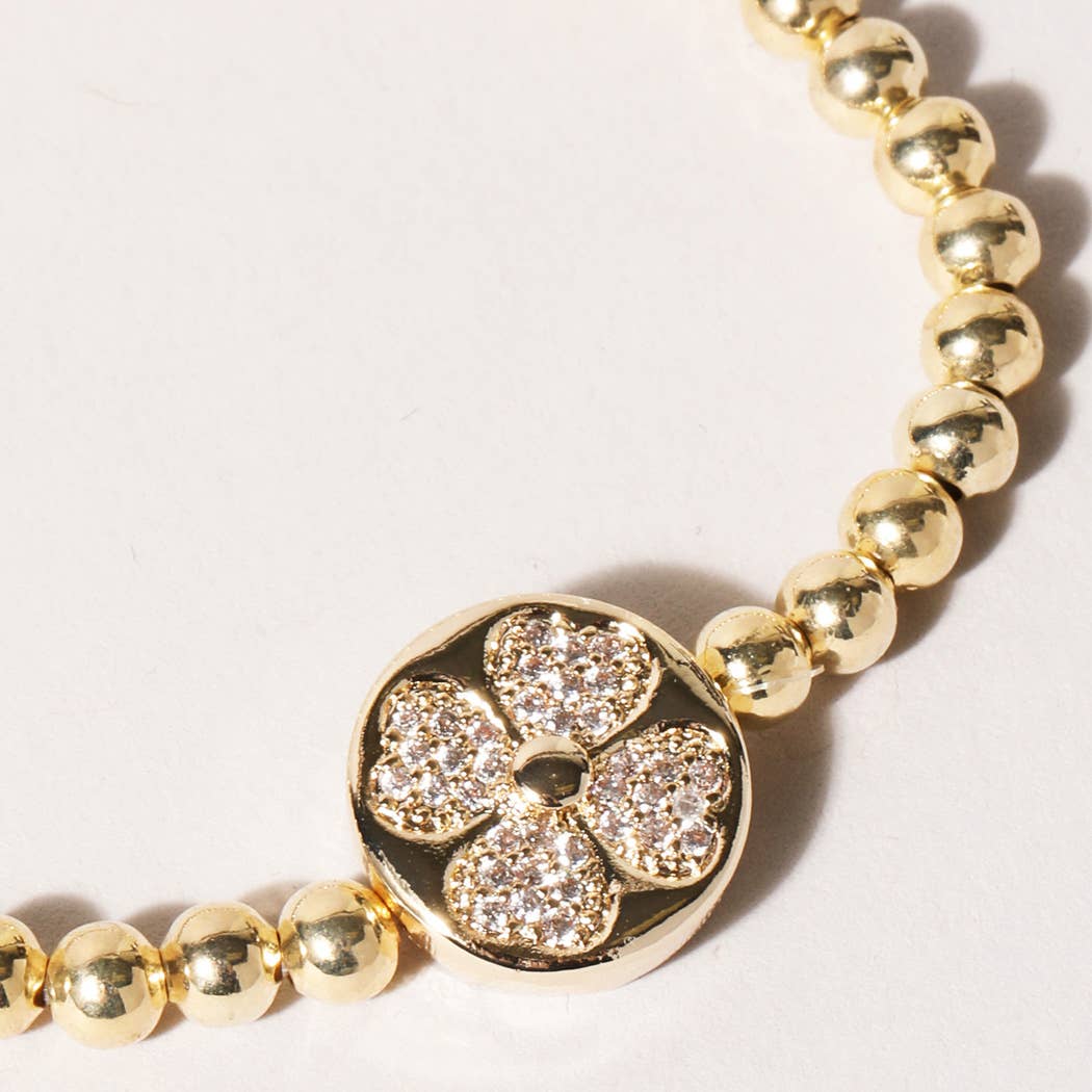 Pave CZ Clover Gold Beaded Bracelet