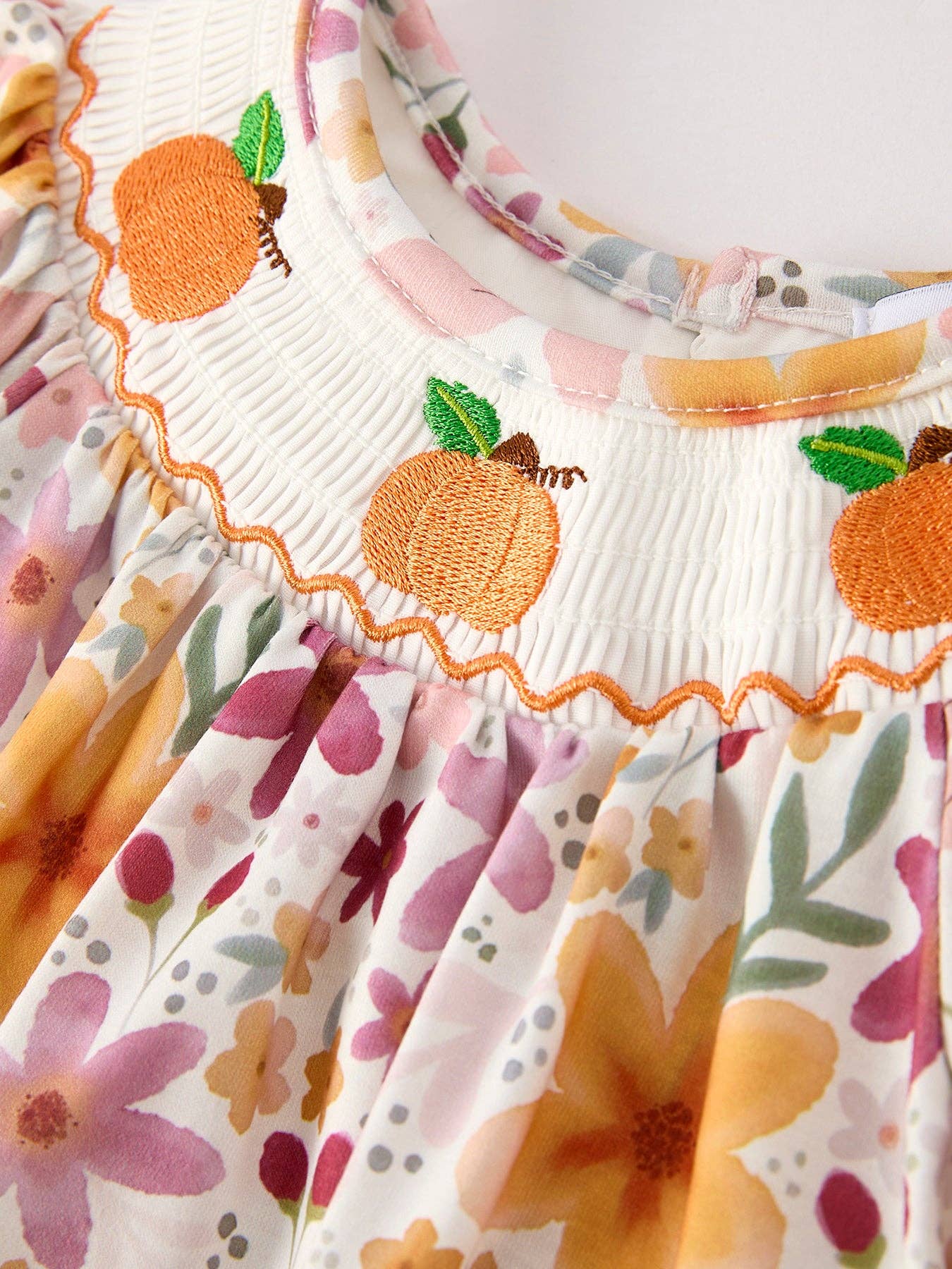Halloween & Thanksgiving Pumpkin Embroidery Smock Floral Baby Girl Romper
