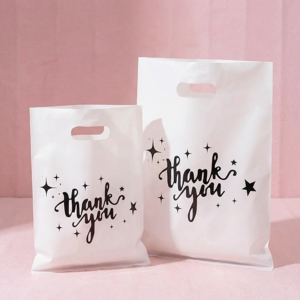 100pcs, White Thank You Stars Cut-out Handle PVC Gift Bag