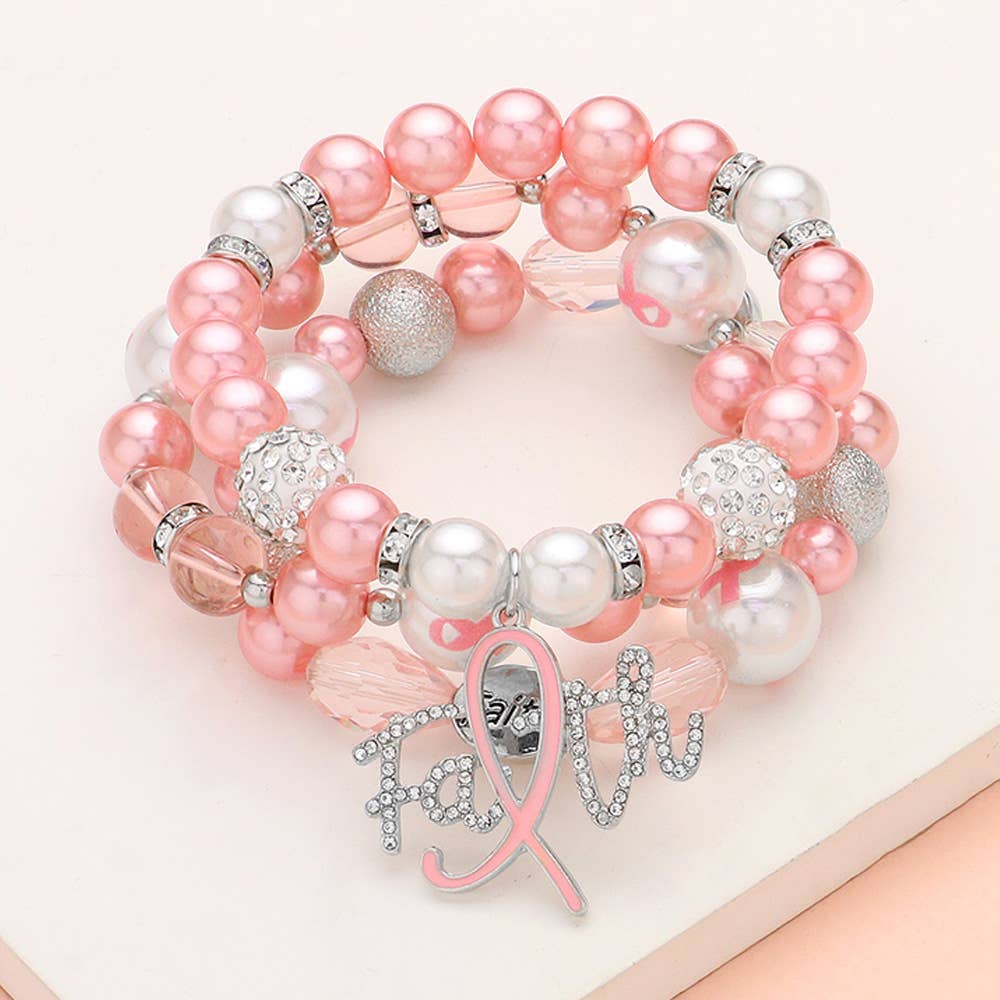 3PCS - Paved Pink Ribbon FAITH Charm Shamballa Bracelets