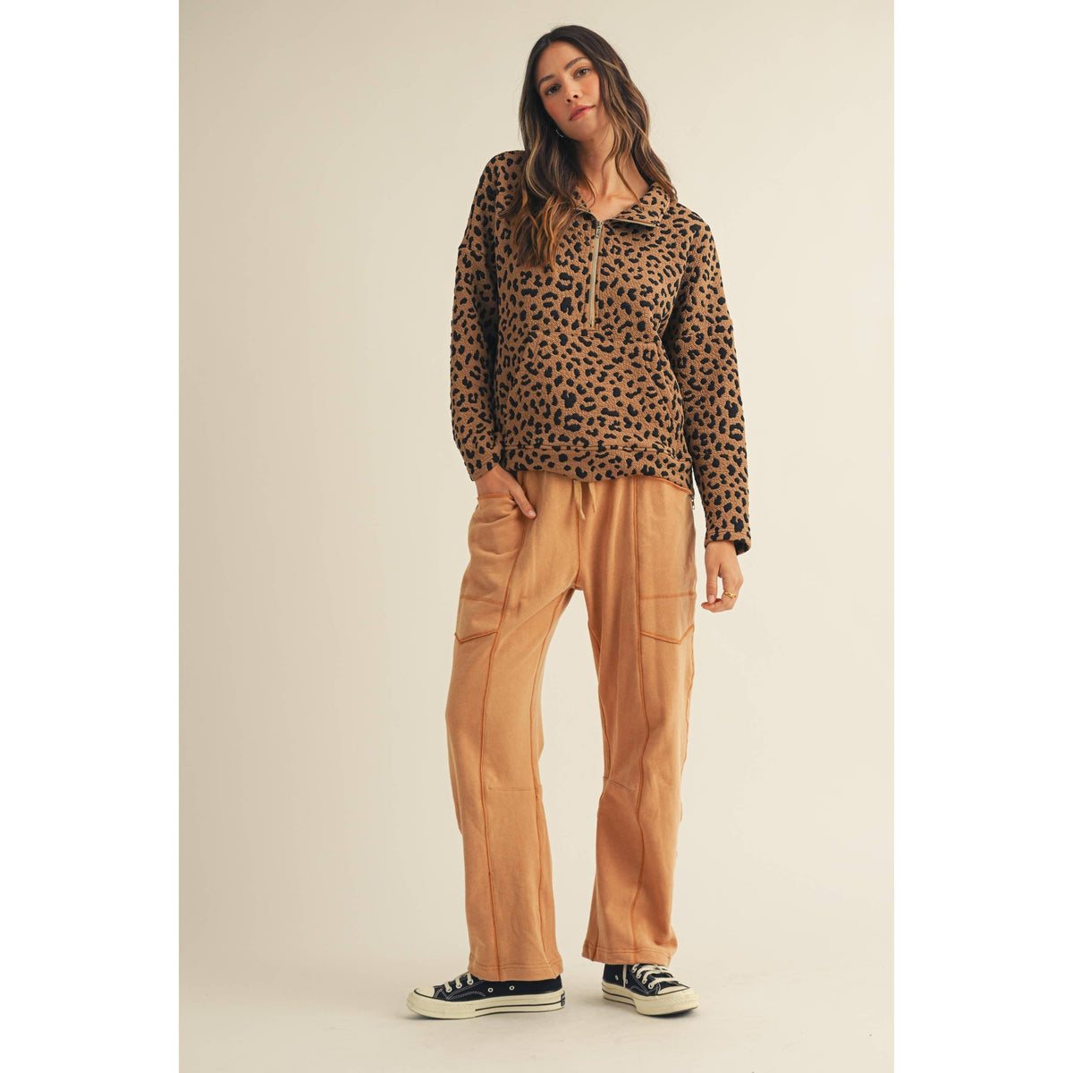 Leopard Loose Fit Zipper Pullover Top