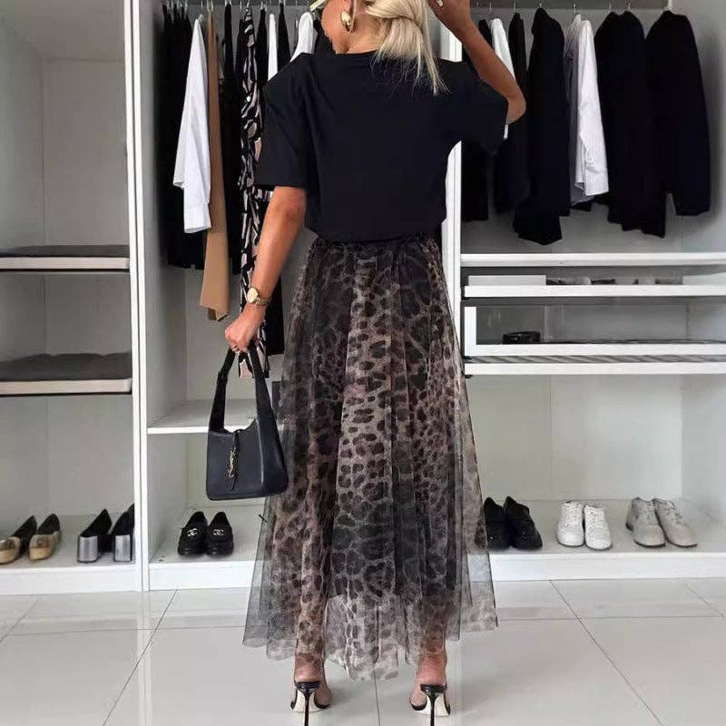 Women Fashion Mesh Leopard Print Chiffon Skirt