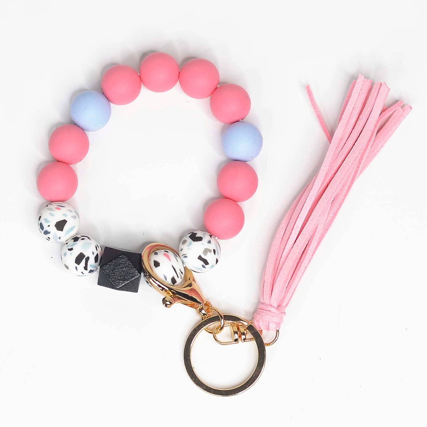 Pink and Black Speckled Silicone Beaded Keychain Keyring