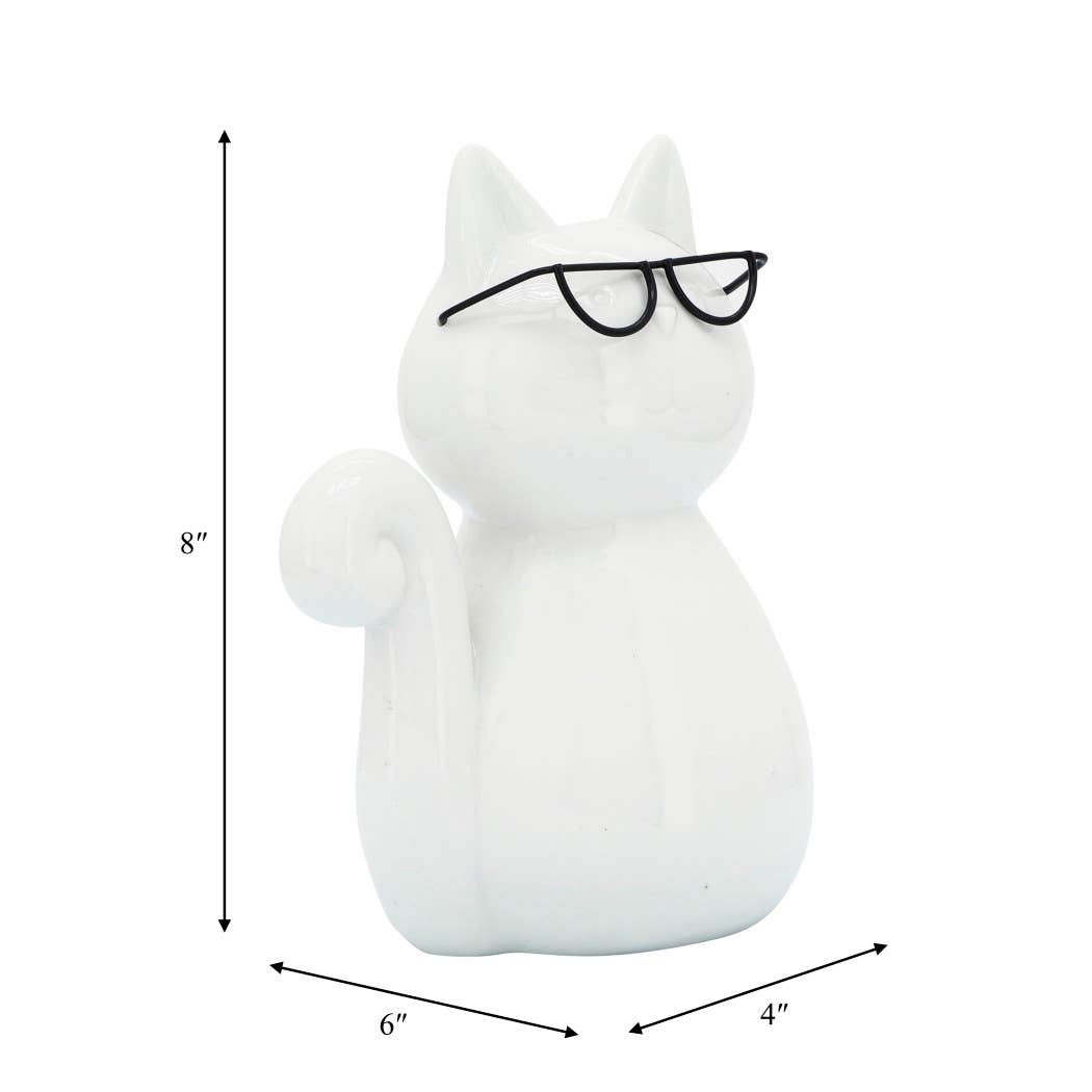 Ceramic Modern Kitty with Glasses Figurine - White, 8 in.